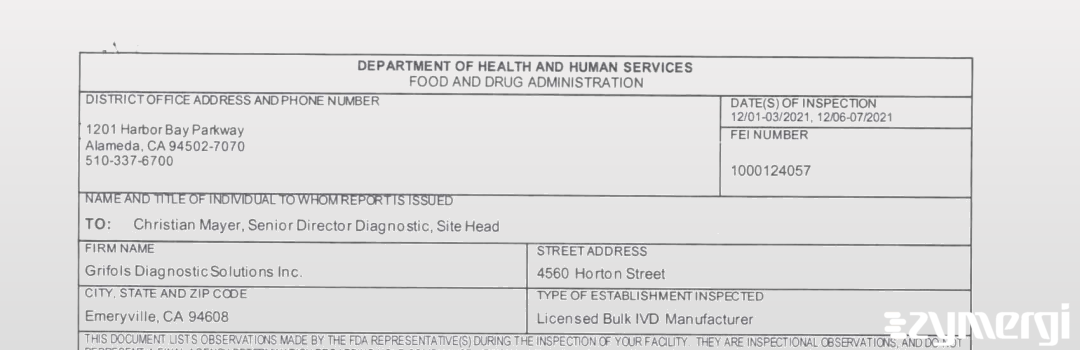 FDANews 483 Grifols Diagnostic Solutions Inc Dec 7 2021 top