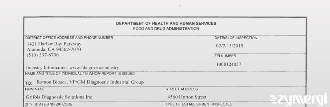 FDANews 483 Grifols Diagnostic Solutions Inc Feb 15 2019 top