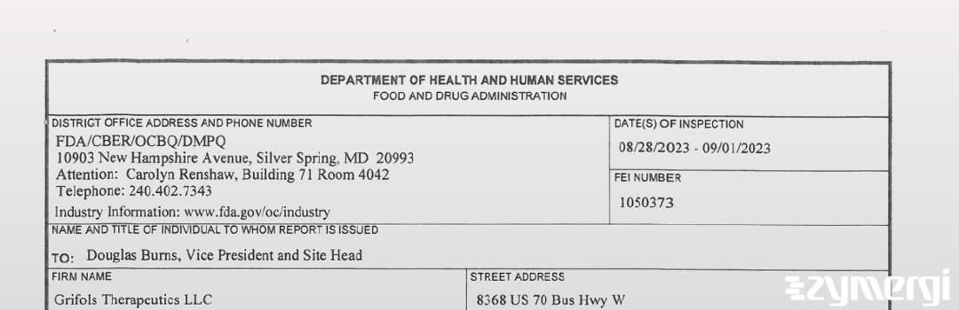 FDANews 483 Grifols Therapeutics LLC Sep 1 2023 top