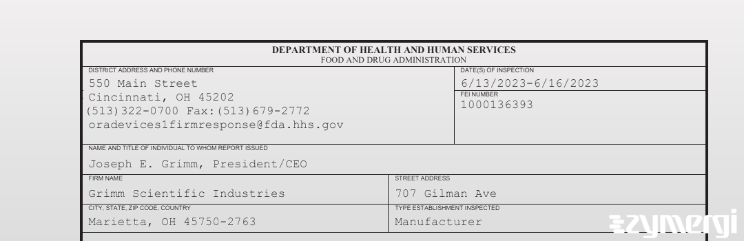 FDANews 483 Grimm Scientific Industries Jun 16 2023 top