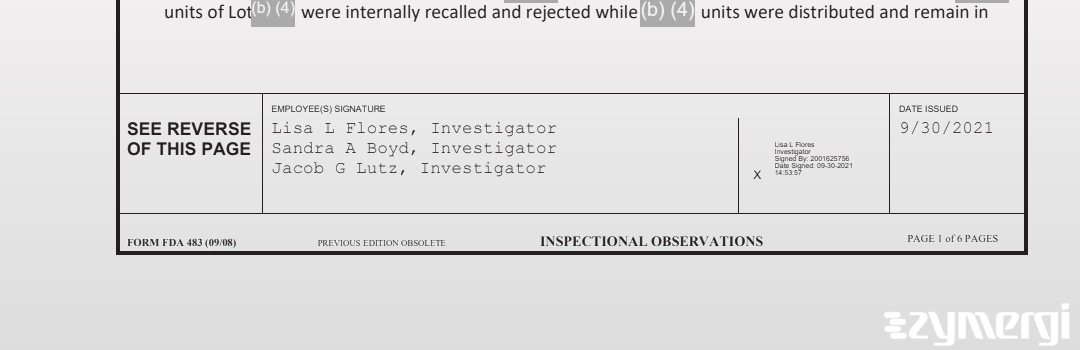 Lisa L. Flores FDA Investigator Jacob G. Lutz FDA Investigator Sandra A. Boyd FDA Investigator
