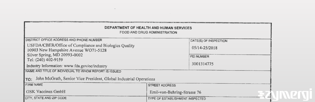 FDANews 483 GSK Vaccines GmbH May 25 2018 top