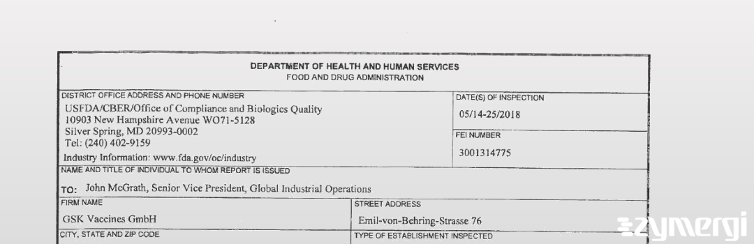 FDANews 483 GSK Vaccines GmbH May 25 2018 top