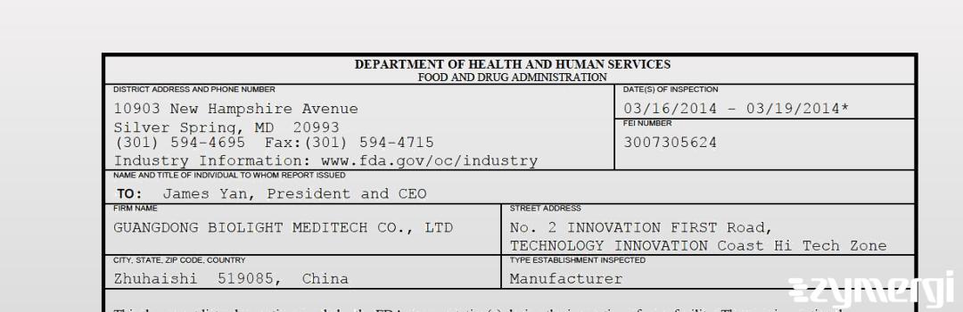 FDANews 483 GUANGDONG BIOLIGHT MEDITECH CO., LTD Mar 20 2014 top