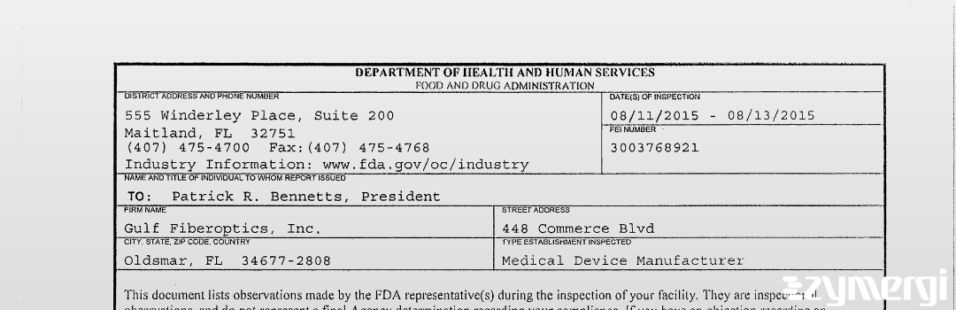 FDANews 483 Gulf Fiberoptics, Inc. Aug 13 2015 top