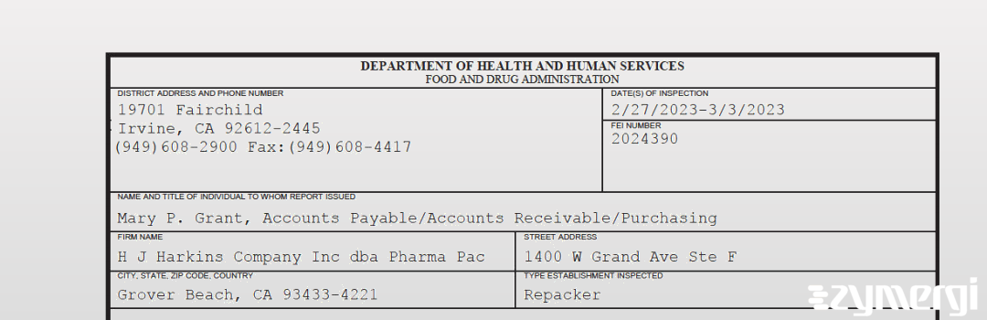 FDANews 483 H J Harkins Company Inc. Mar 3 2023 top