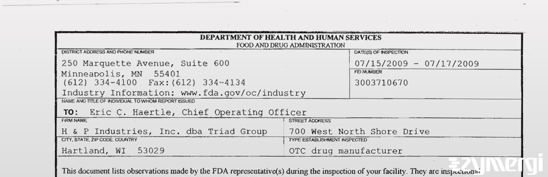 FDANews 483 H & P Industries, Inc. Jul 17 2009 top