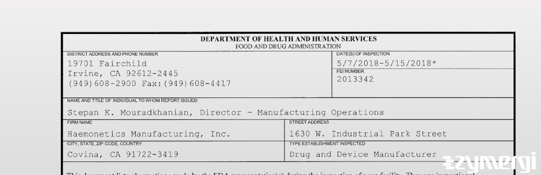 FDANews 483 Haemonetics Manufacturing, Inc. May 15 2018 top