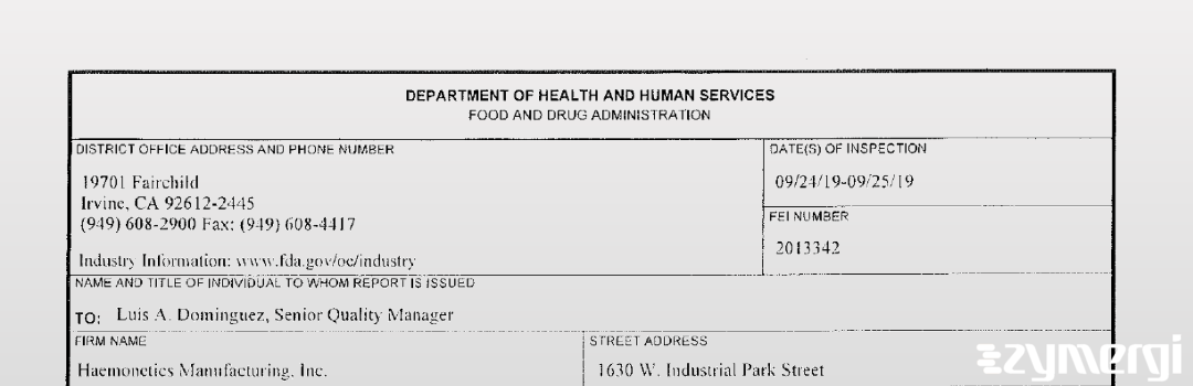 FDANews 483 Haemonetics Manufacturing, Inc. Sep 25 2019 top