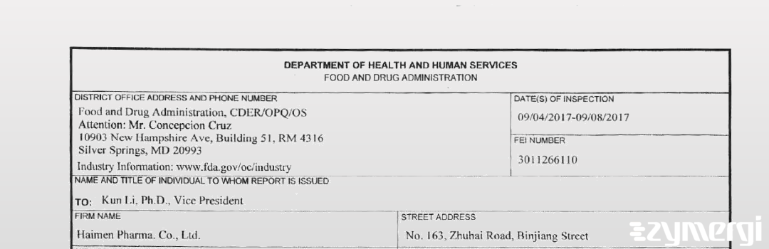 FDANews 483 Haimen Pharma. Co., Ltd. Sep 8 2017 top