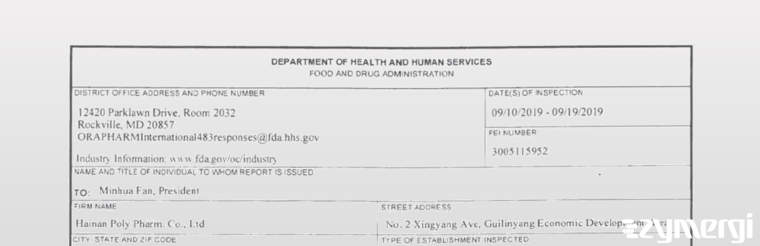 FDANews 483 Hainan Poly Pharm. Co., Ltd. Sep 19 2019 top