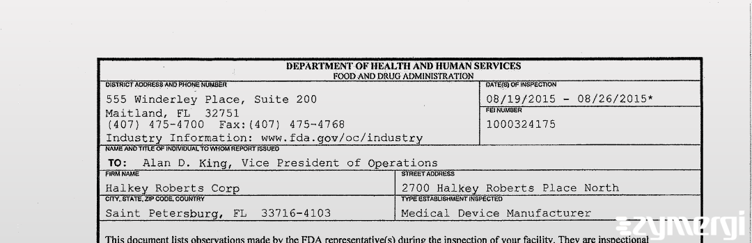 FDANews 483 Halkey Roberts Corp Aug 26 2015 top