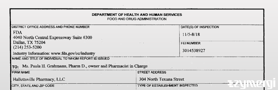 FDANews 483 Hallettsville Pharmacy, LLC Nov 8 2018 top