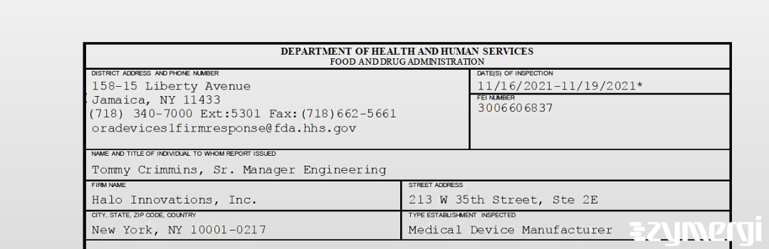 FDANews 483 Halo Innovations, Inc. Nov 19 2021 top