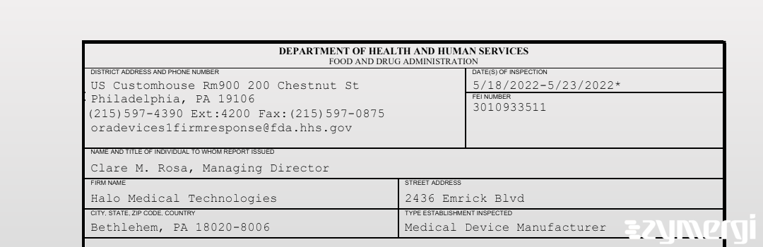 FDANews 483 Halo Medical Technologies May 23 2022 top