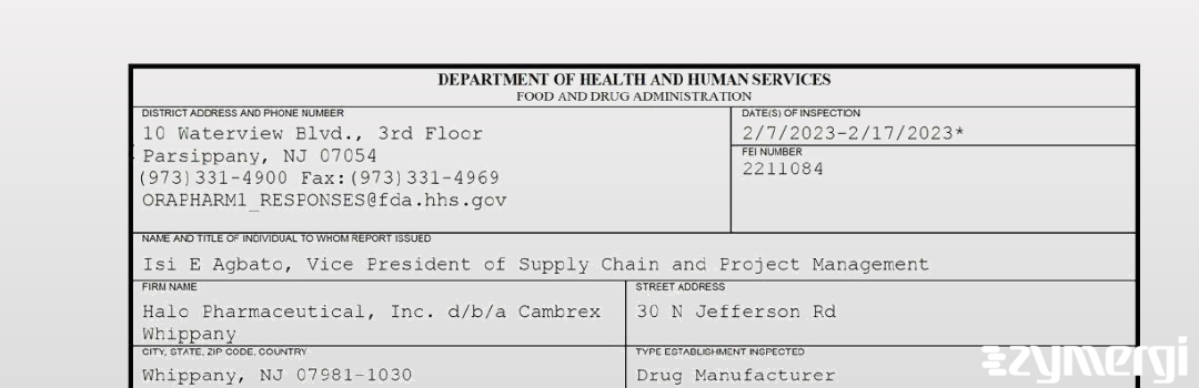 FDANews 483 Halo Pharmaceutical, Inc. d/b/a Cambrex Whippany Feb 17 2023 top