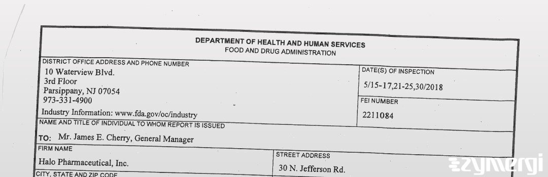 FDANews 483 Halo Pharmaceutical, Inc. May 30 2018 top