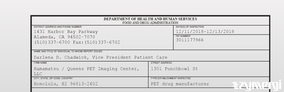 FDANews 483 Hamamatsu / Queens PET Imaging Center, LLC Dec 13 2018 top