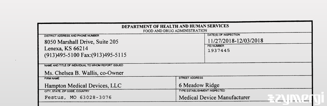 FDANews 483 Hampton Medical Devices, LLC Dec 3 2018 top