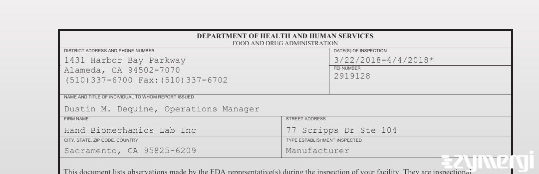 FDANews 483 Hand Biomechanics Lab, Inc. Apr 4 2018 top