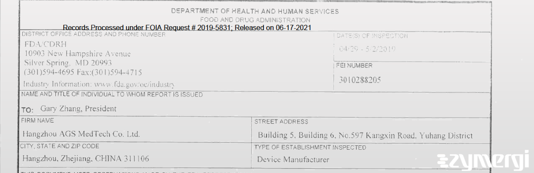 FDANews 483 Hangzhou AGS Meditech Co., Ltd. May 2 2019 top