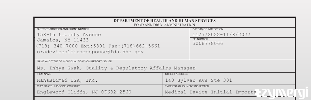 FDANews 483 HansBiomed USA, Inc. Nov 8 2022 top