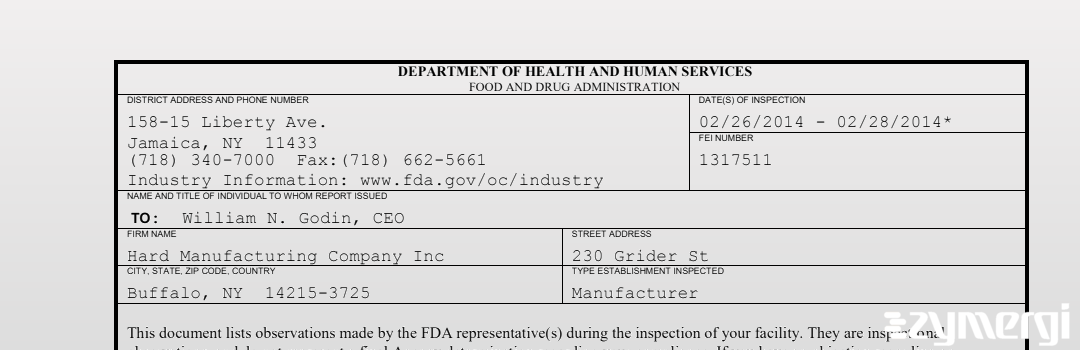 FDANews 483 Hard Manufacturing Company Inc Feb 28 2014 top