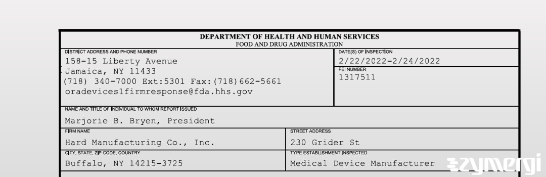 FDANews 483 Hard Manufacturing Co., Inc. Feb 24 2022 top