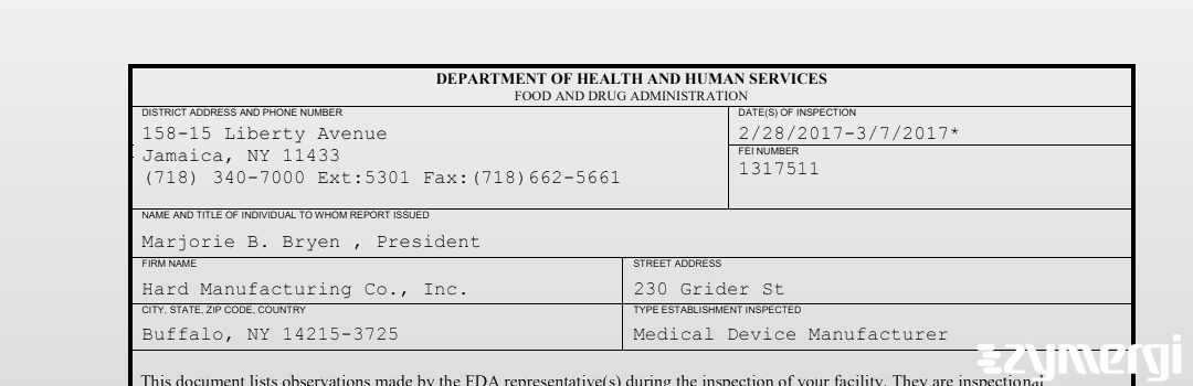 FDANews 483 Hard Manufacturing Co., Inc. Mar 7 2017 top