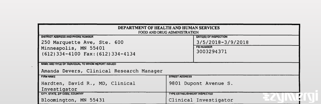 FDANews 483 Hardten, David R., MD, Clinical Investigator Mar 9 2018 top