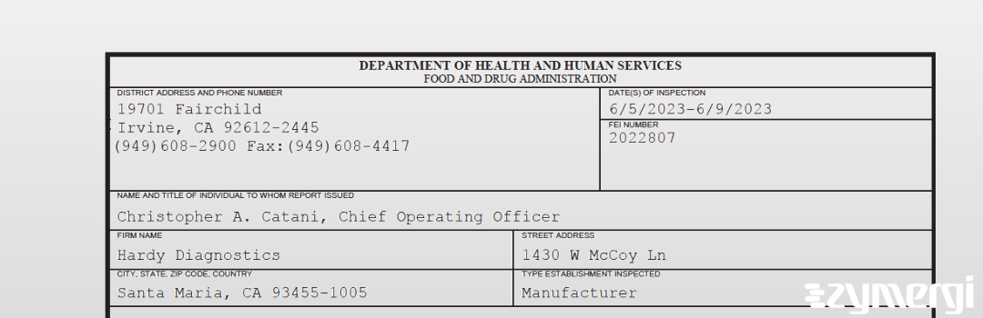 FDANews 483 Hardy Diagnostics Jun 9 2023 top
