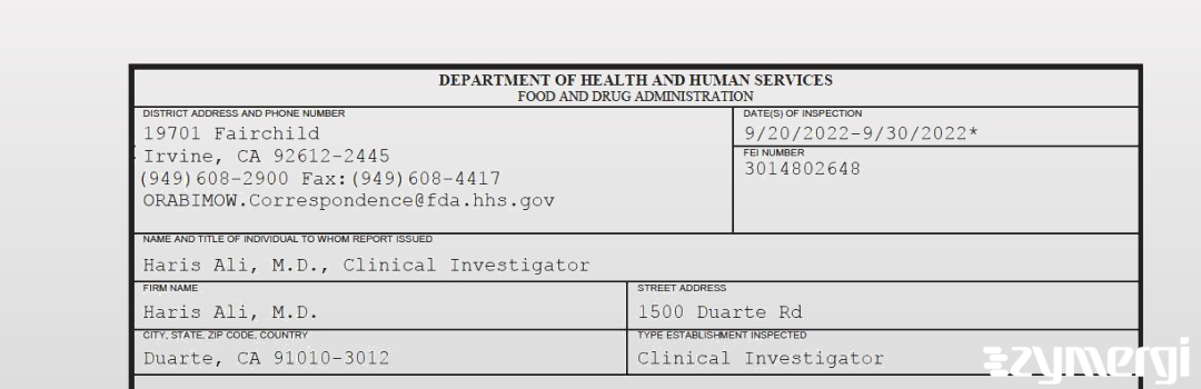 FDANews 483 Haris Ali, M.D. Sep 30 2022 top