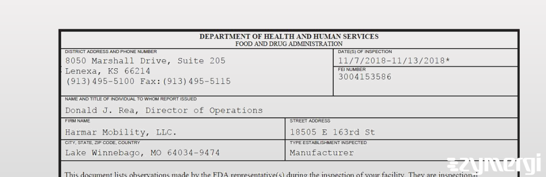 FDANews 483 Harmar Mobility, LLC. Nov 13 2018 top