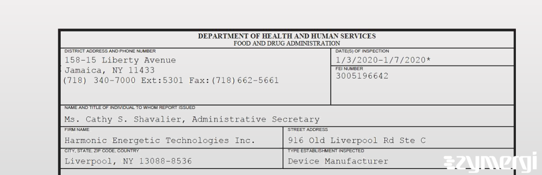 FDANews 483 Harmonic Energetic Technologies Inc. Jan 7 2020 top