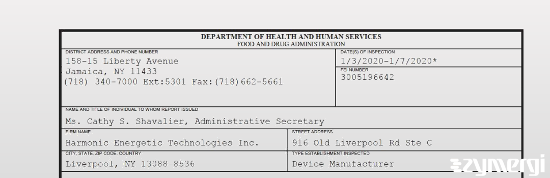 FDANews 483 Harmonic Energetic Technologies Inc. Jan 7 2020 top