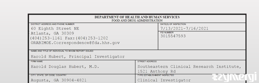 FDANews 483 Harold Douglas Hubert, M.D. Jul 16 2021 top