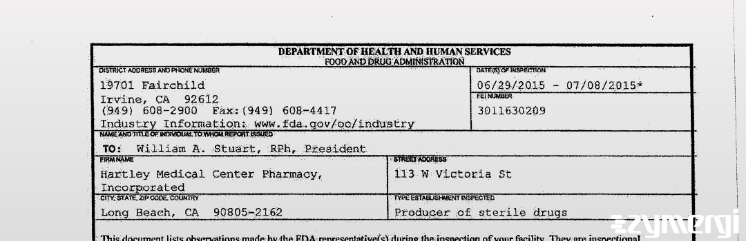 FDANews 483 Hartley Medical Center Pharmacy, Incorporated Jul 8 2015 top