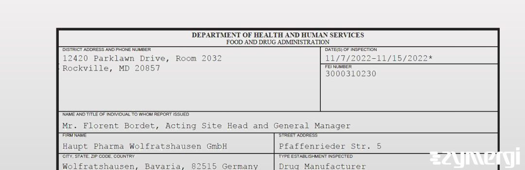 FDANews 483 Haupt Pharma Wolfratshausen GmbH Nov 15 2022 top