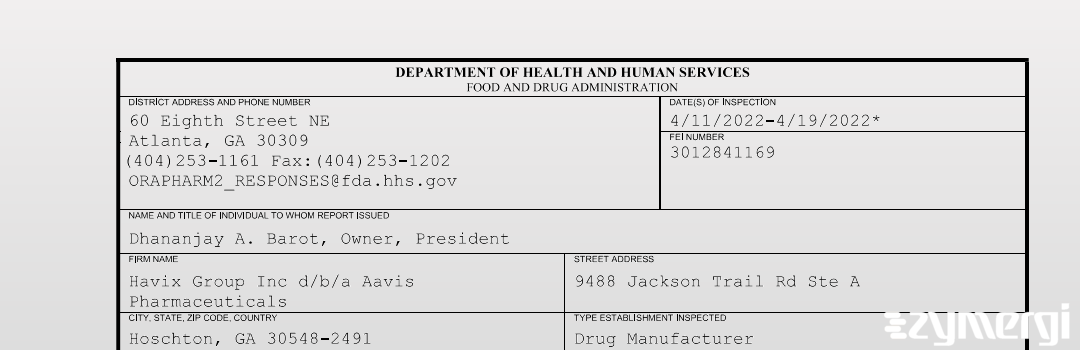 FDANews 483 Havix Group Inc d/b/a Aavis Pharmaceuticals Apr 19 2022 top