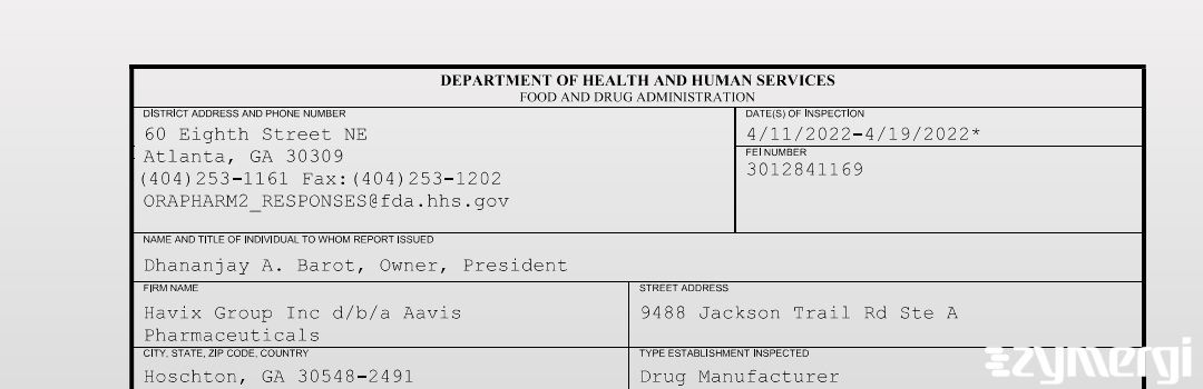 FDANews 483 Havix Group Inc d/b/a Aavis Pharmaceuticals Apr 19 2022 top
