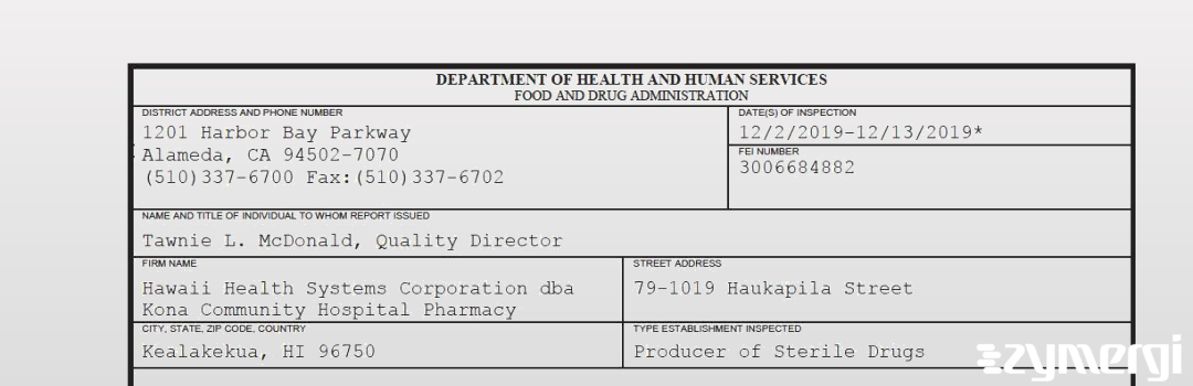 FDANews 483 Hawaii Health Systems Corporation dba Kona Community Hospital Pharmacy Dec 13 2019 top