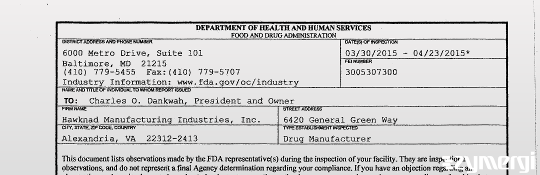 FDANews 483 Hawknad Manufacturing Industries, Inc. Apr 23 2015 top