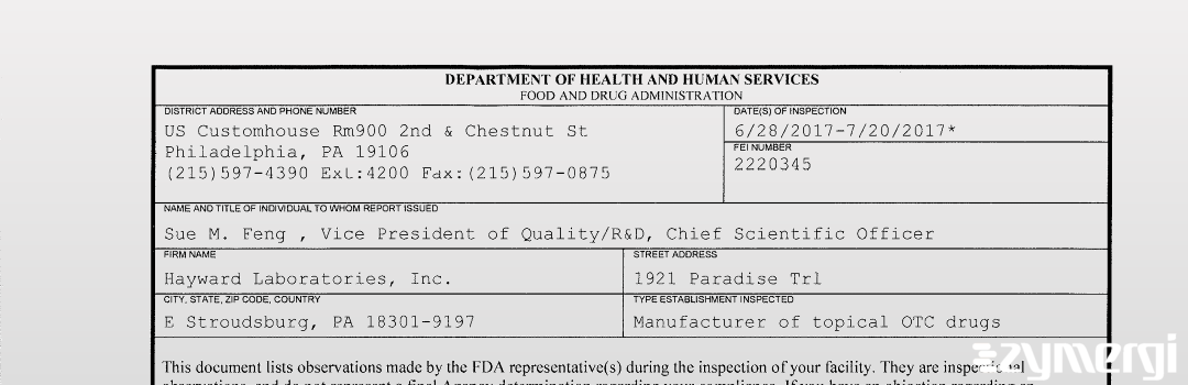 FDANews 483 Hayward Laboratories, Inc. Jul 20 2017 top