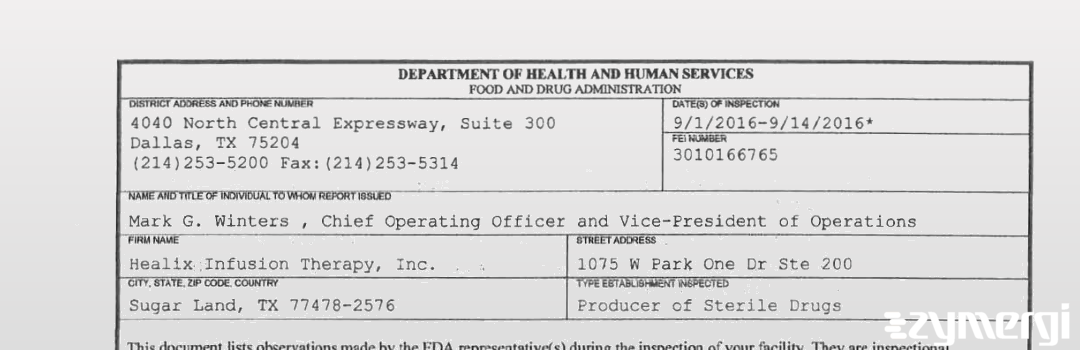 FDANews 483 Healix Infusion Therapy, Inc. Sep 14 2016 top