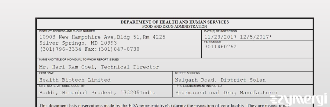 FDANews 483 Health Biotech Limited Dec 5 2017 top