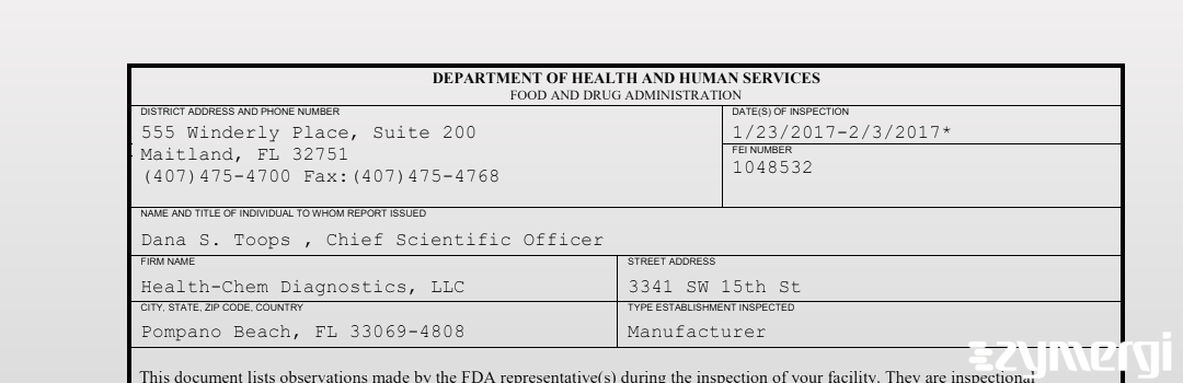 FDANews 483 Health-Chem Diagnostics, LLC Feb 3 2017 top