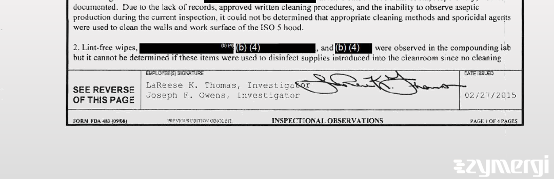 Joseph F. Owens FDA Investigator Lareese K. Thomas FDA Investigator 