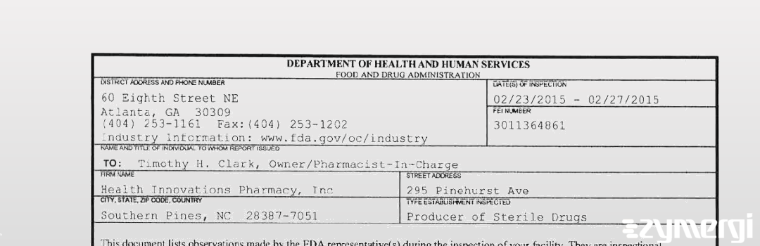 FDANews 483 Health Innovations Pharmacy, Inc Feb 27 2015 top