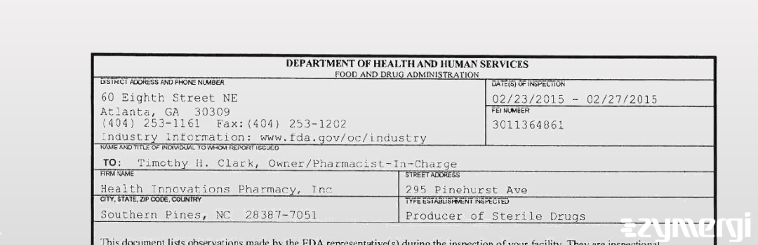 FDANews 483 Health Innovations Pharmacy, Inc Feb 27 2015 top