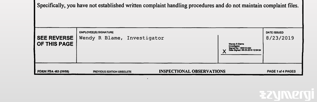 Wendy R. Blame FDA Investigator